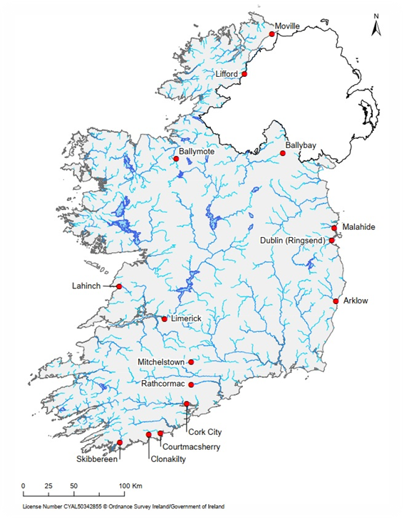Map of Ireland showing 15 towns and cities that failed EU standards on waste water emissions
