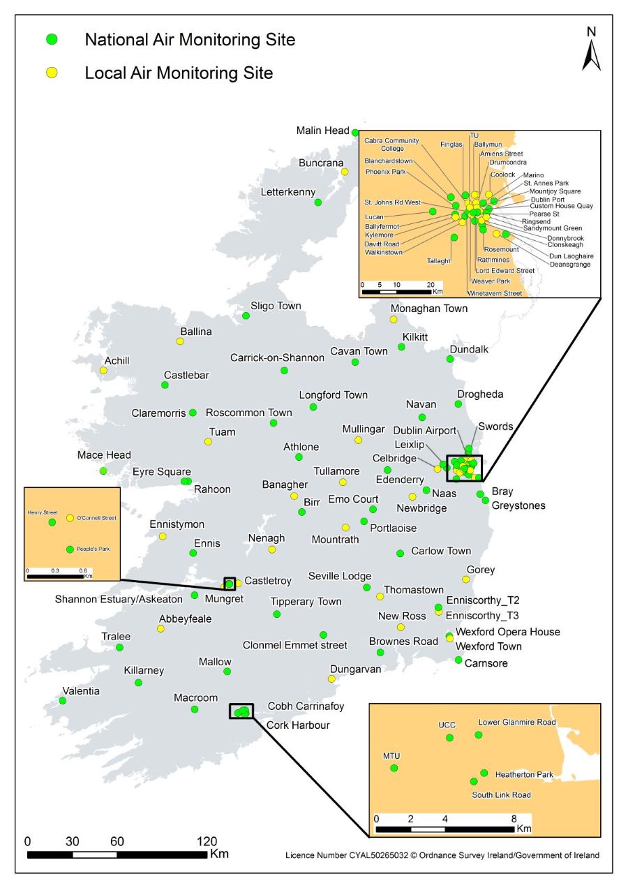Map of Ireland showing Air Quality Monitoring Sites