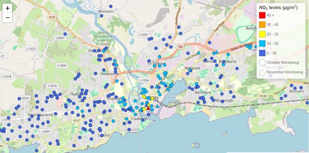 Map of Galway with coloured dots showing air quality