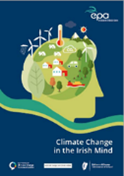 Side image of stylised human head with various environmental-type graphics on it, e.g. wind turbines, trees.