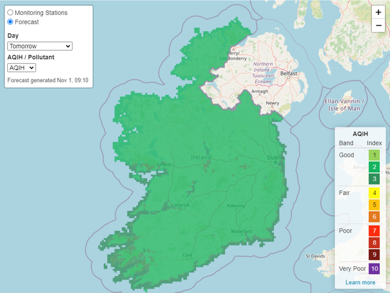 Image of Sample air quality forecast map from www.airquality.ie
