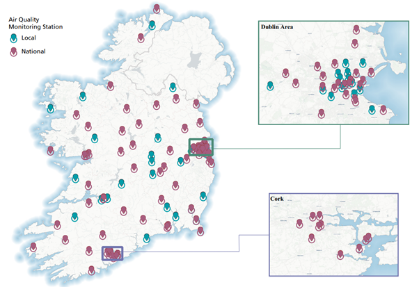 Map of Ireland from 2023 showing Ambient Air Monitoring stations as coloured dots
