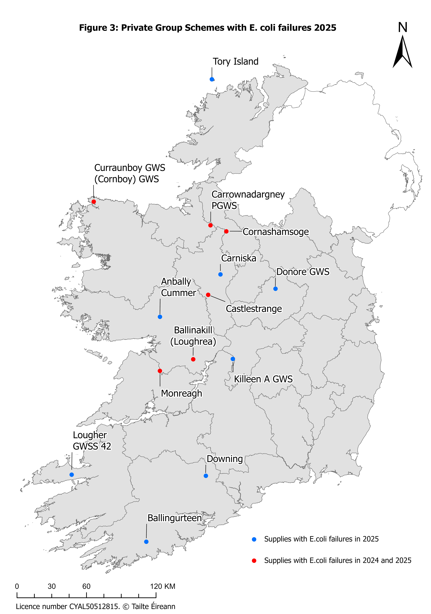 Map of Ireland in grey, with red dots and blue dots. The blue dots show supplies with failures for e coli in 2025 while the red dots show supplies with failures for 2024 and 2025.