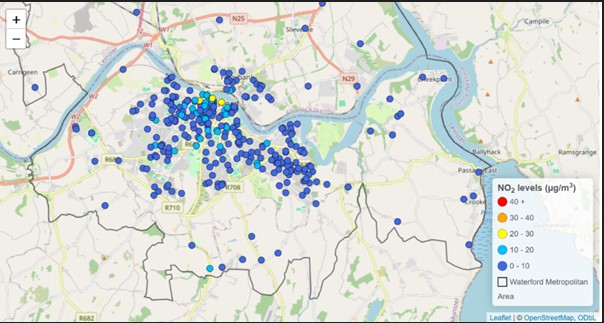 Map of Waterford city and environs with coloured dots representing NO2 results in different areas.