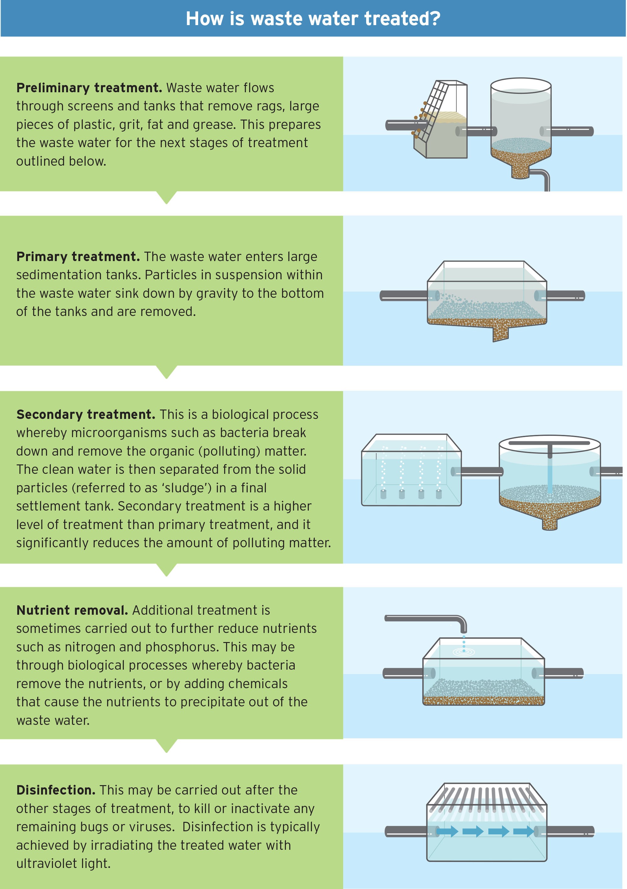 Step by step diagram showing how wastewater is treated: wastewater enters a treatment plant, undergoes screening and settling followed by biological treatment to remove organic matter; in some cases, additional treatment stages remove nutrients and disinfect the water.