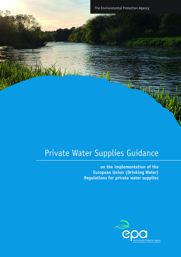 Front cover of the 2026 EPA publication, Private Water Supplies Guidance, showing a river at sunset