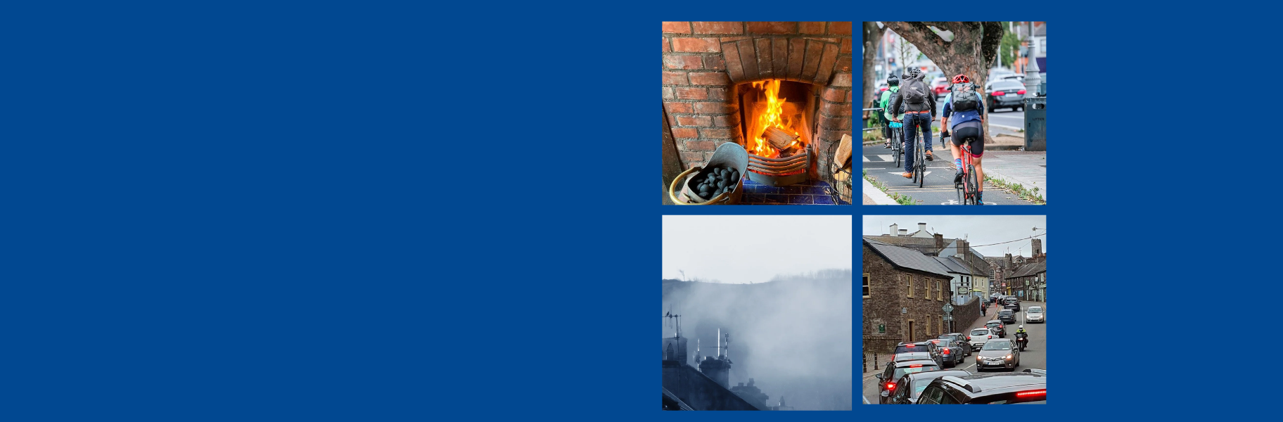 Lrg Feature item for Air Quality in Ireland 2025 Report showing open fire, smoky environment, cyclists and traffic.