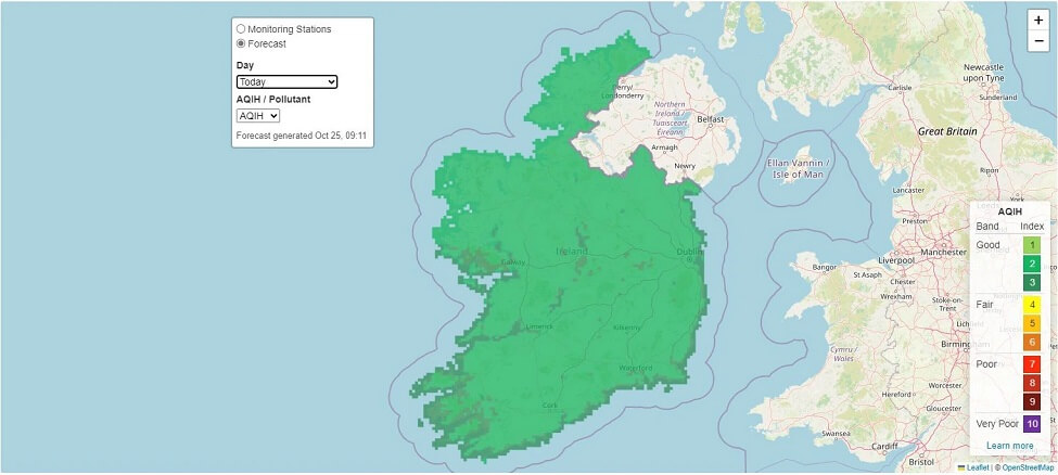 Image of a map of Ireland with the Air quality Index displayed