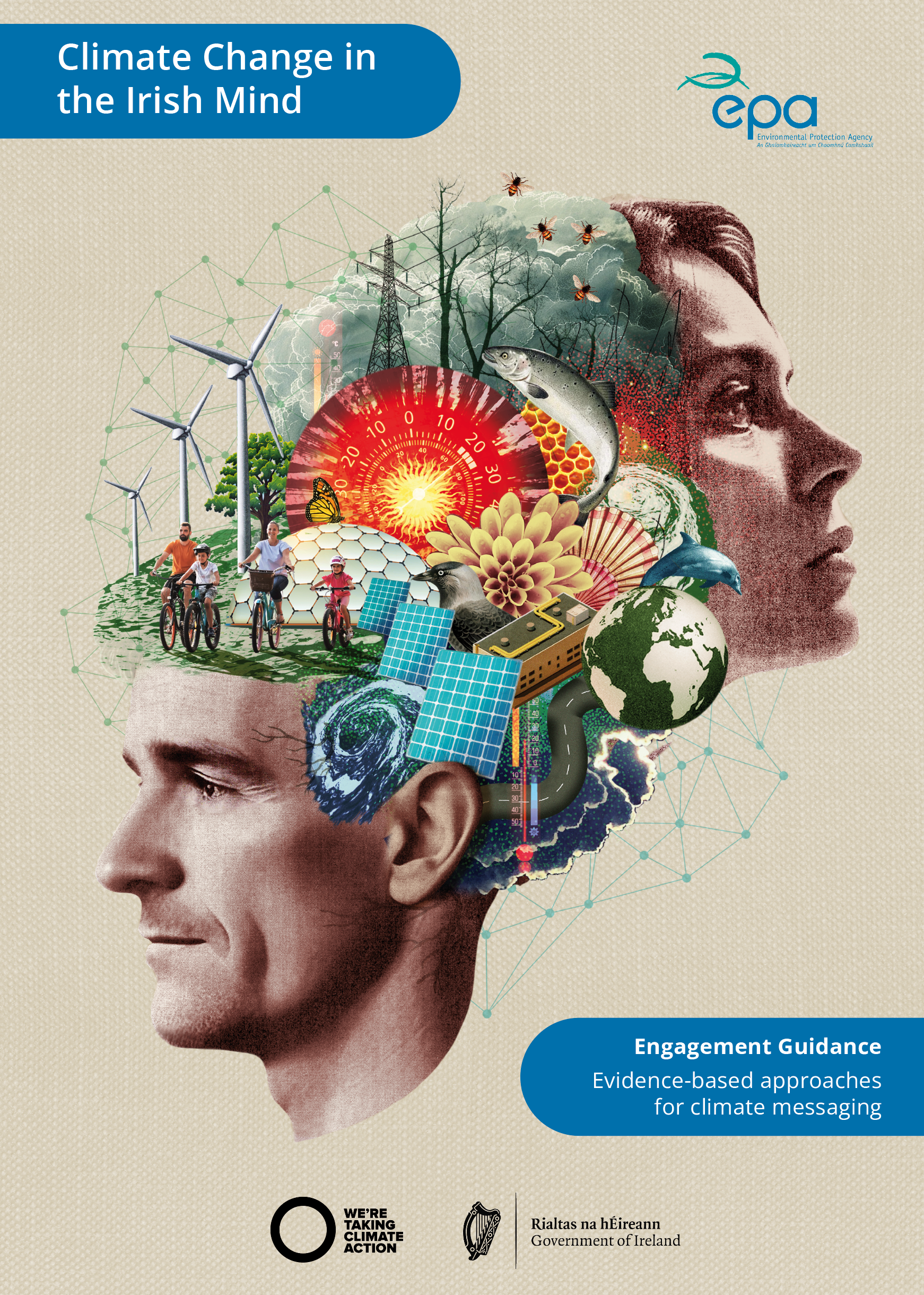 Cutouts of male and female faces pointing in opposite directions with climate themed imagery between them