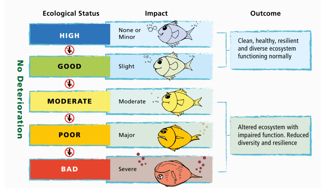 A graph showing water quality from high - where there is no deterioration - to bad - where deterioration is severe