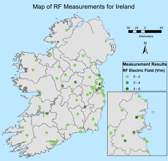 A map of Ireland showing locations where radiofrequency EMF measurements were made by EPA