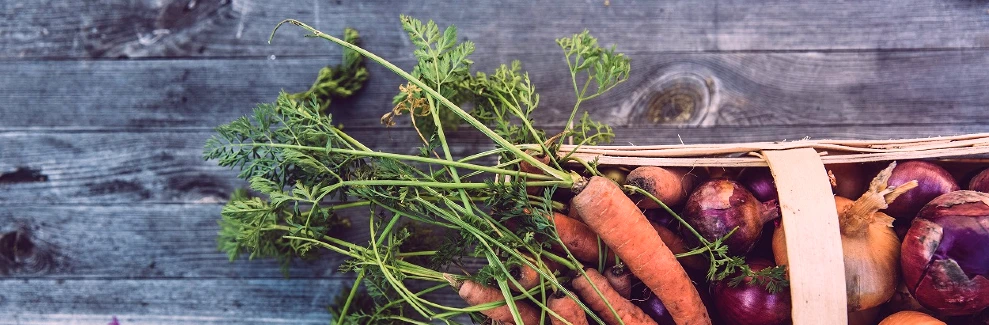 A basket of vegetables on a wooden table