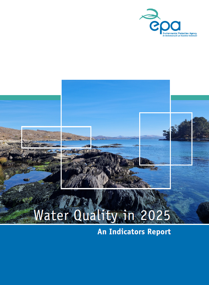 Cover image for the EPA report “Water Quality in 2025: An Indicators Report”. The image shows a clear coastal landscape with rocky shoreline in the foreground, shallow tidal pools, and calm blue sea stretching towards distant mountains under a bright, cloudless sky. A small wooded headland appears on the right. The EPA (Environmental Protection Agency) logo is positioned at the top.
