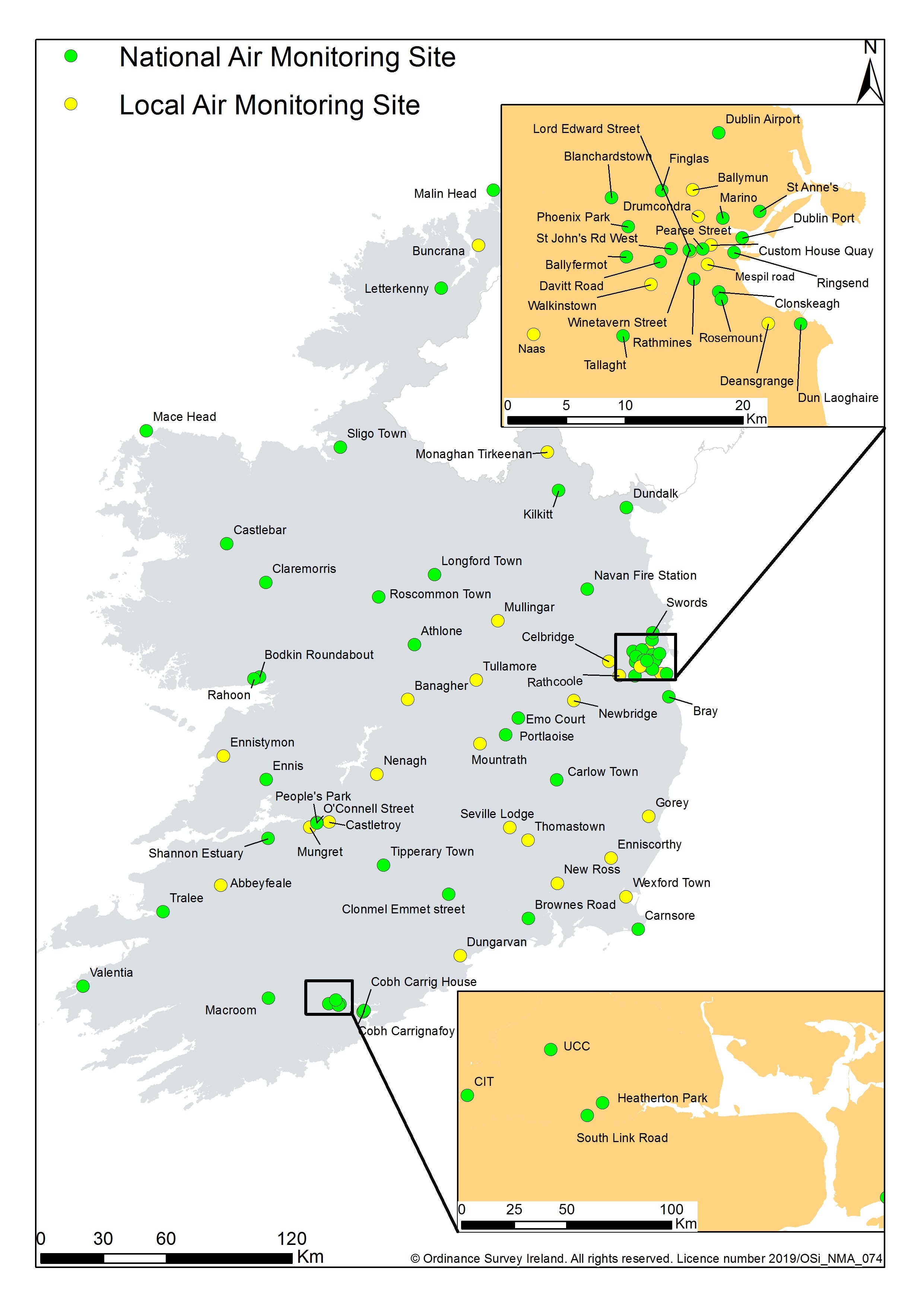 Map of Ireland showing Air Monitoring Sites