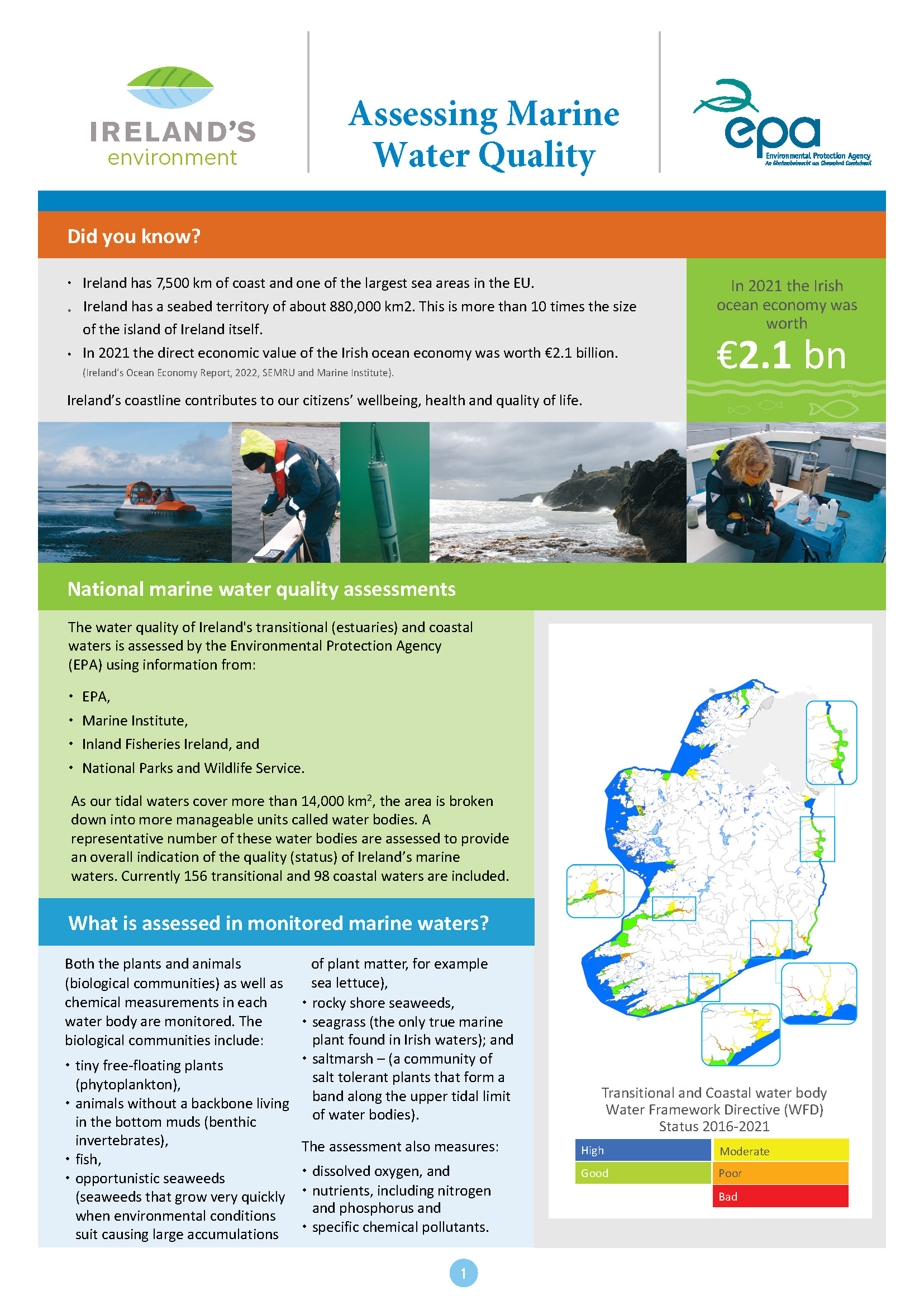 This is an image of the first page of the EPA fact sheet on  Assessing Marine Water Quality