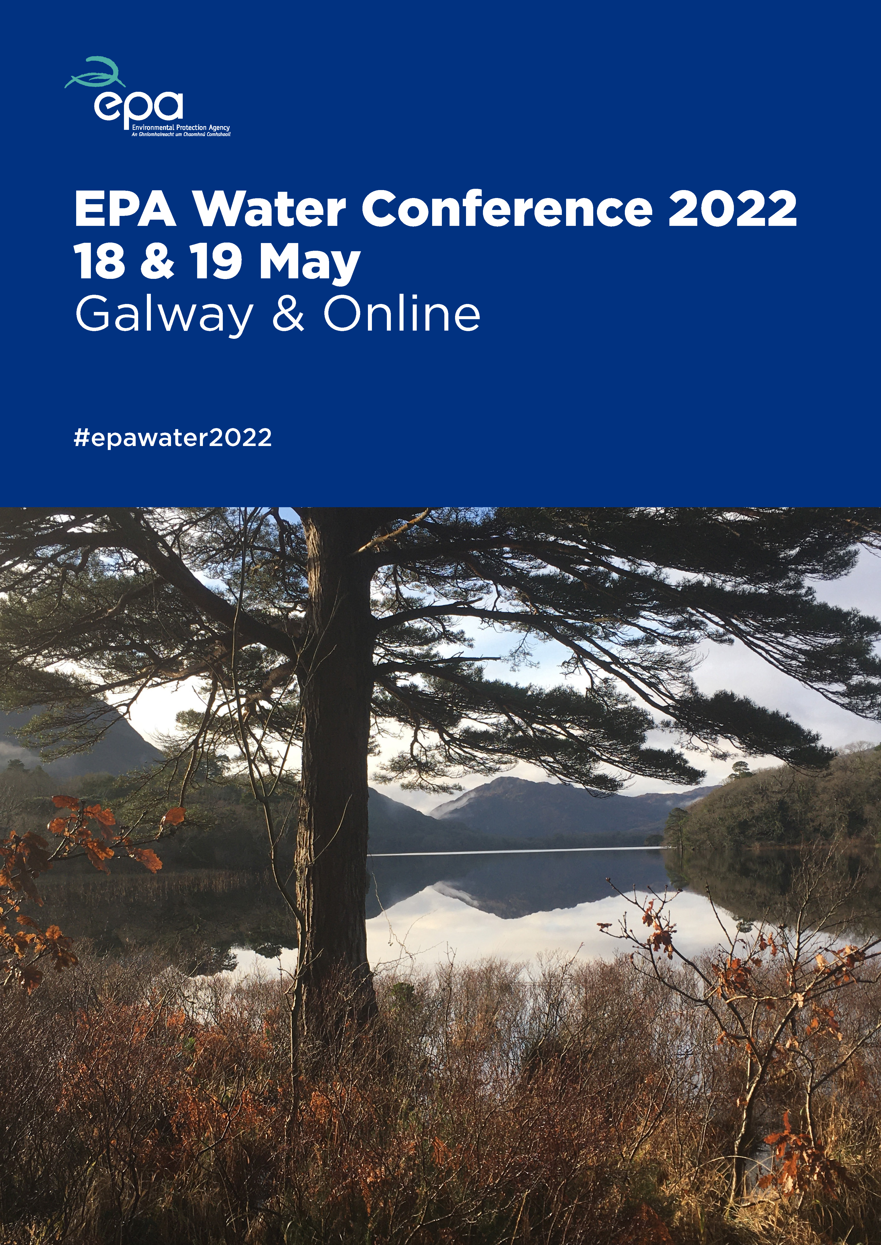 Cover form EPA water Conference 2022 Programme - a tree overlooking a placid Killarney Lake with text on a blue background