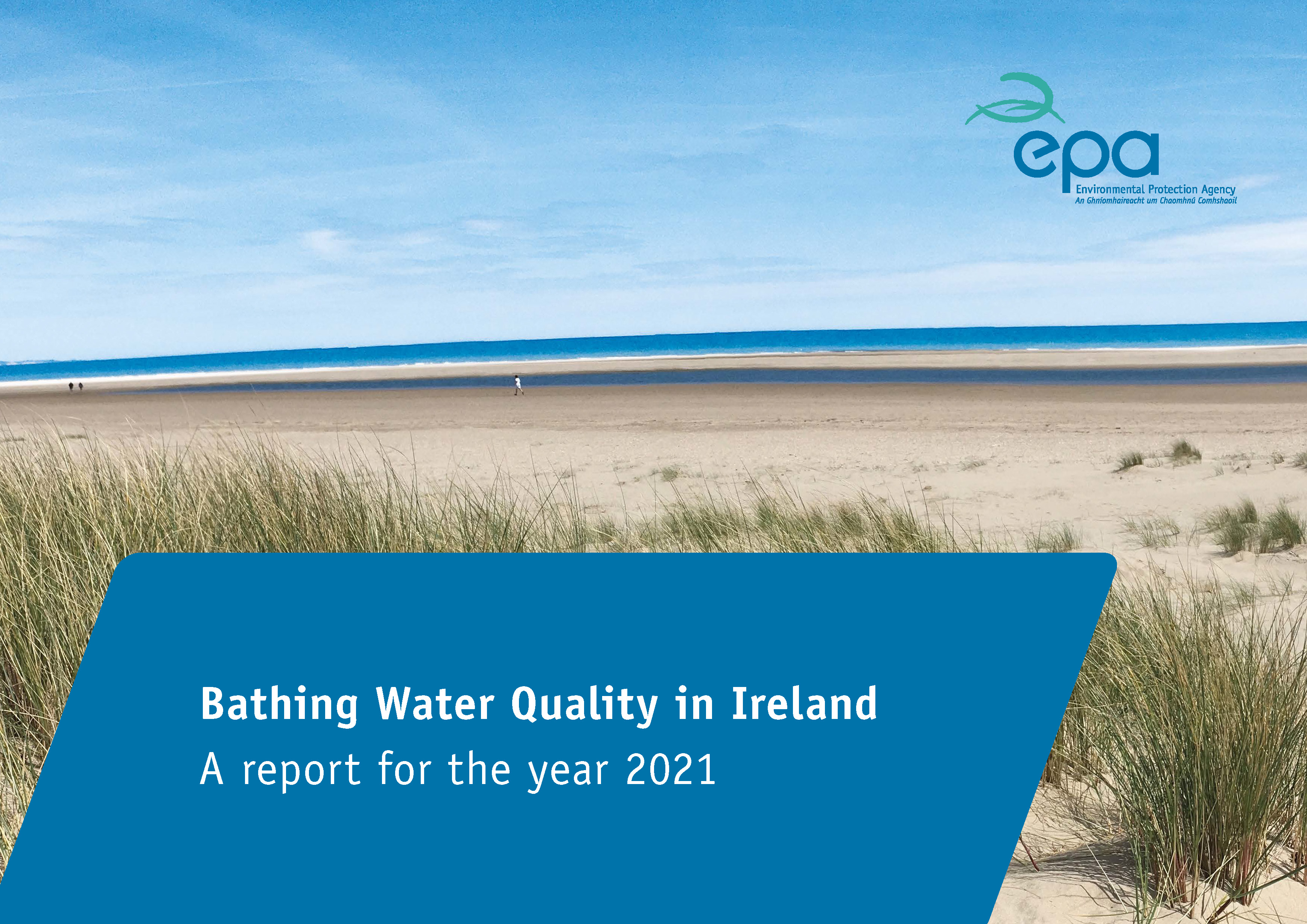 Bathing Water Quality 2021 report cover - a sandy beach with water in the background is the main image, with the EPA logo and report title over that.