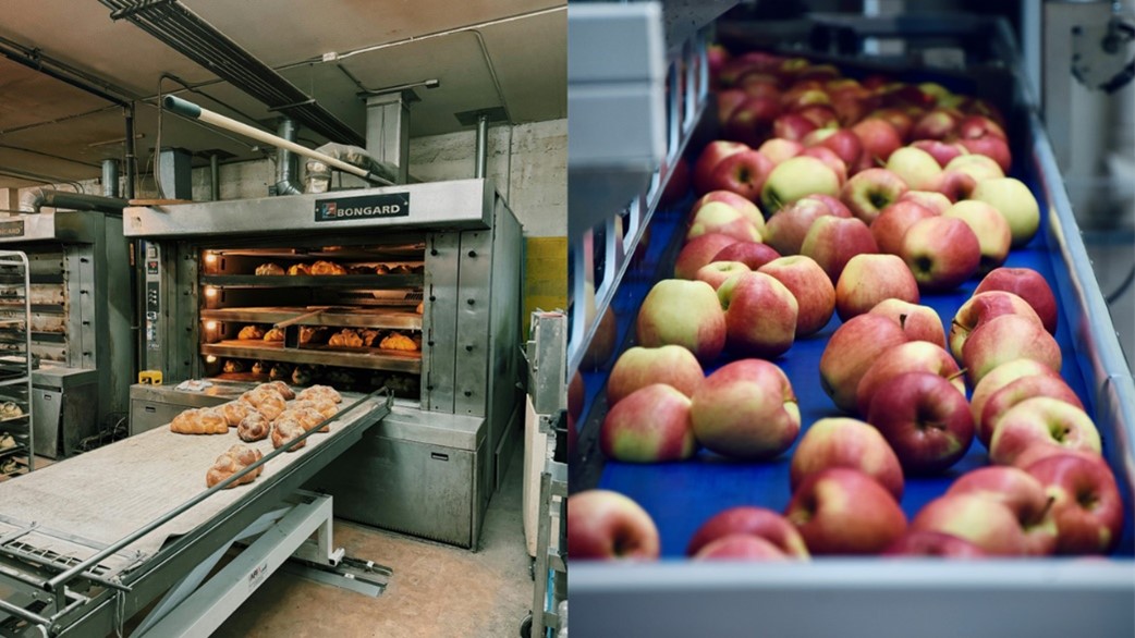2 images: bread bakery and apples