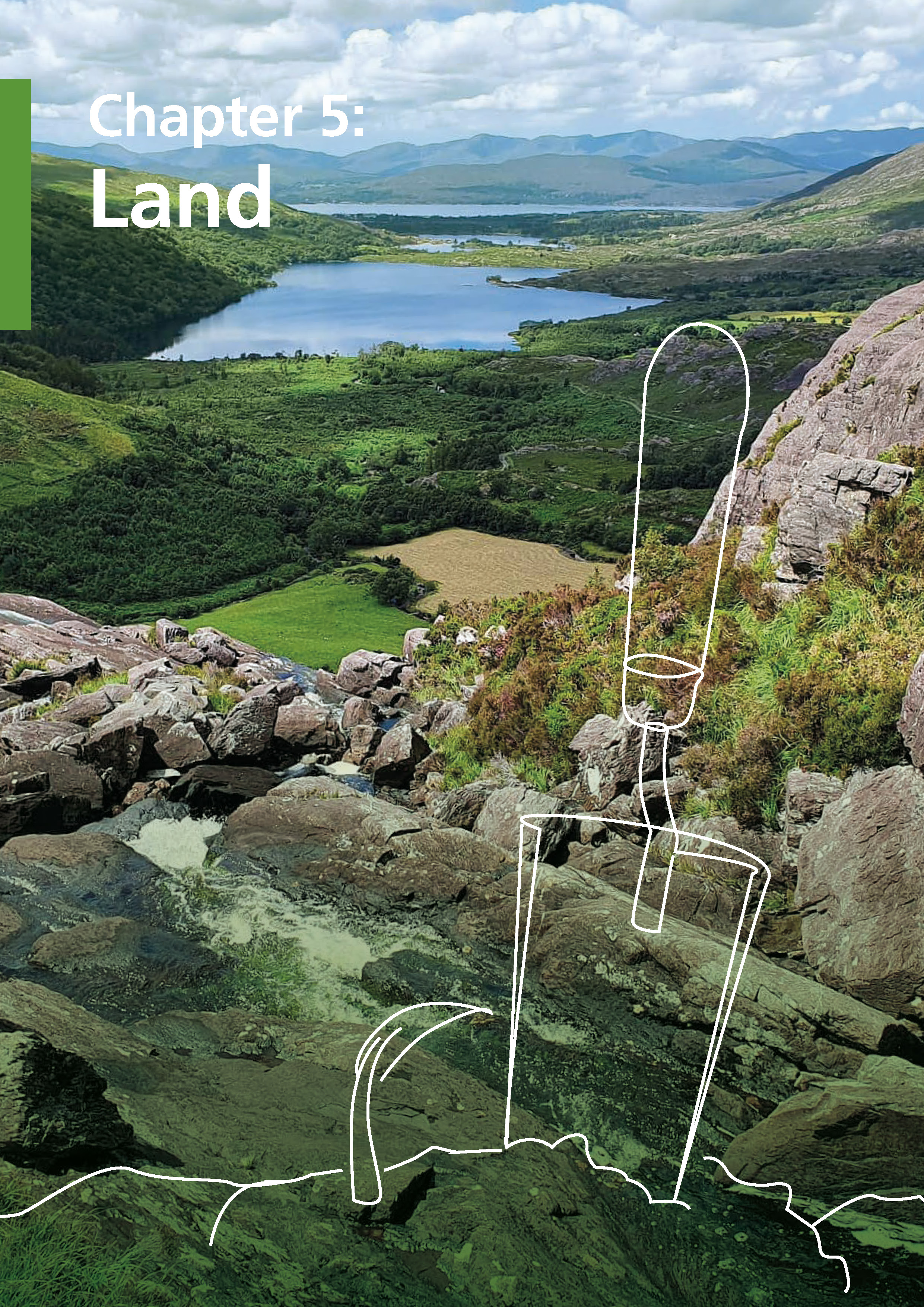 Sketch outline of spade in ground beside plant popping through with photo of landscape as background