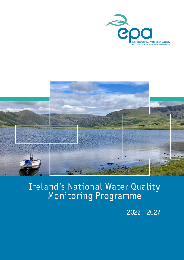 The cover of the report 'Irelands National Water Quality Monitoring Programme 2022–2027' . The image on the front is of a small ribbed inflatable boat beside a large lake with small mountains in the background.