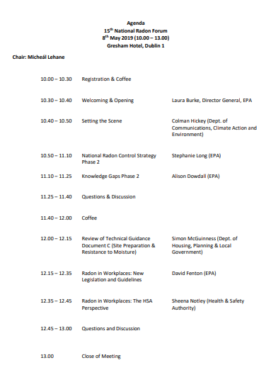 Image of the Agenda for the Fifteenth National Radon Forum