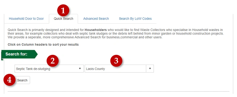 A screengrab of the website of the National Waste Collection Permit Office showing where to search for desludging of a septic tank